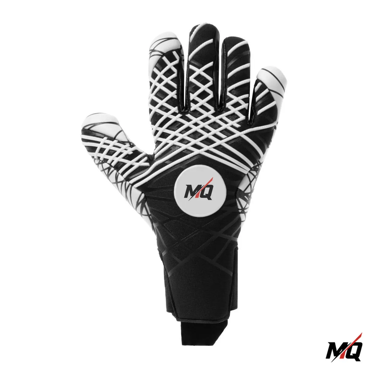 Black and white goalkeeper glove, palm view showing the contact grip latex pattern.